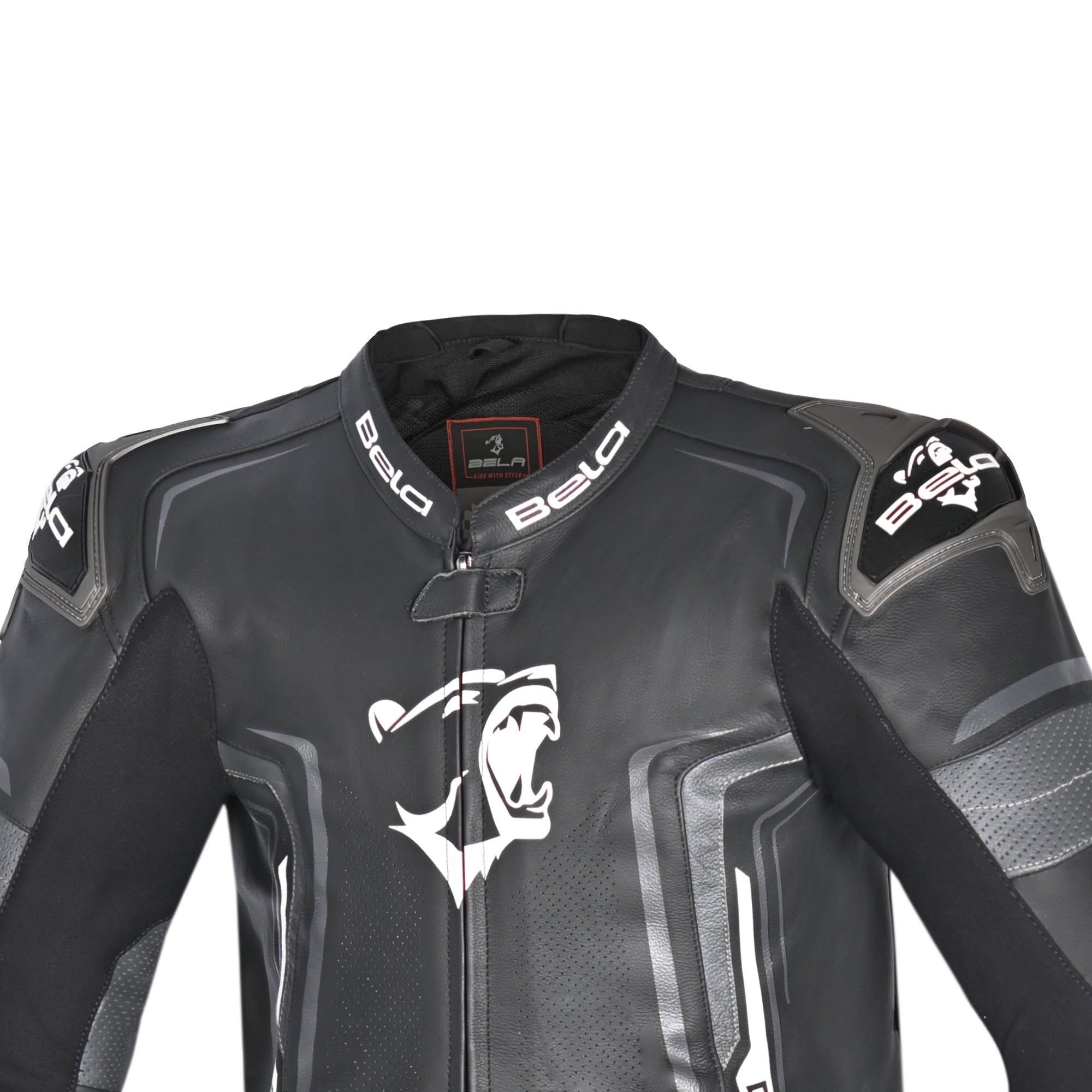 BELA BEAST 1 PC Couro Moto Fatos Preto Branco - imagem parte superior peito do terno