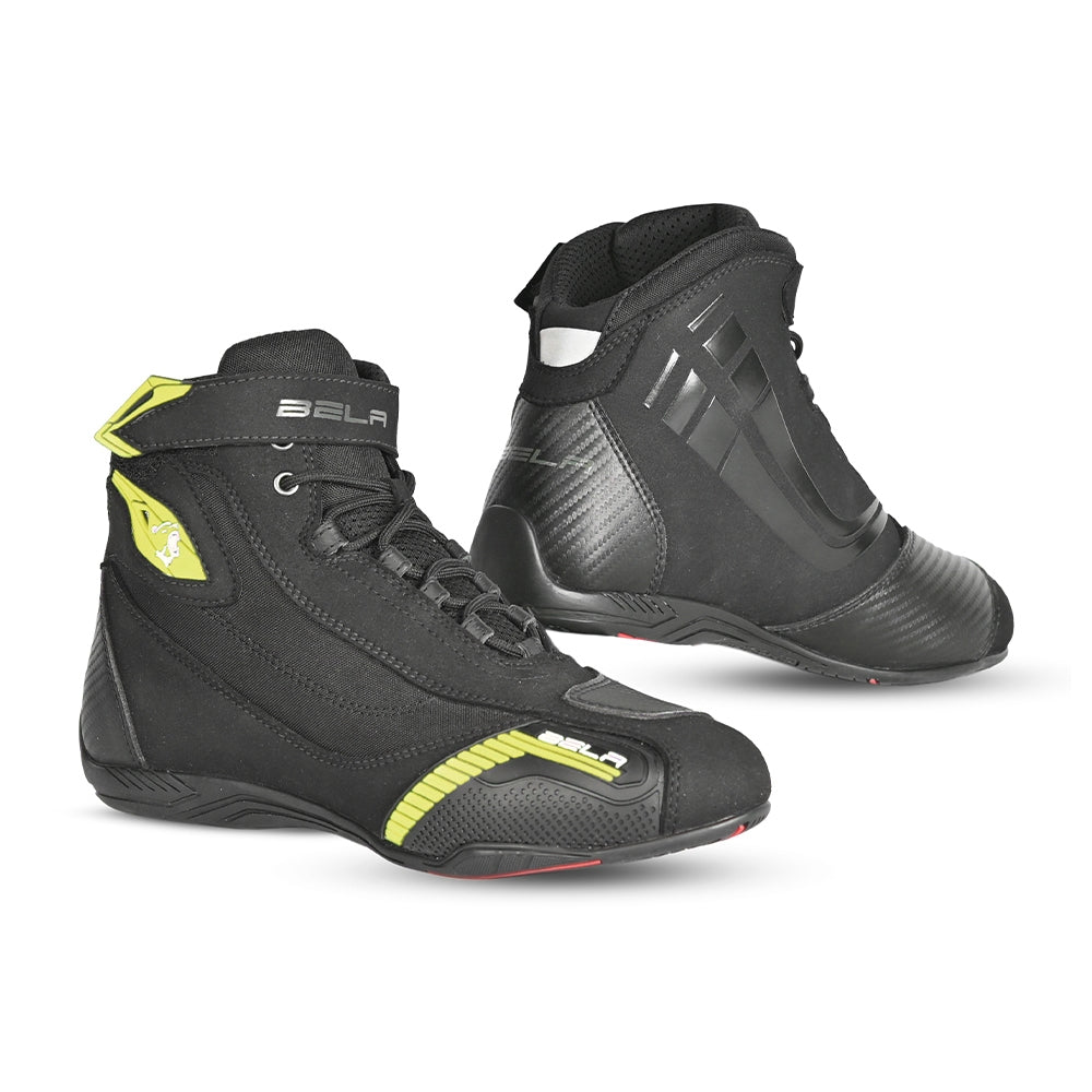 BELA KIVA Moto Homem Couro Botas Preto Fluorescente Amarelo - Imagem dupla de botas