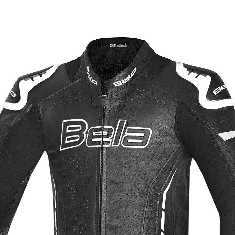 BELA ROCKET MIX KANGAROO 1 PC Moto Couro Fato Preto Branco -   imagem parte superior peito do terno