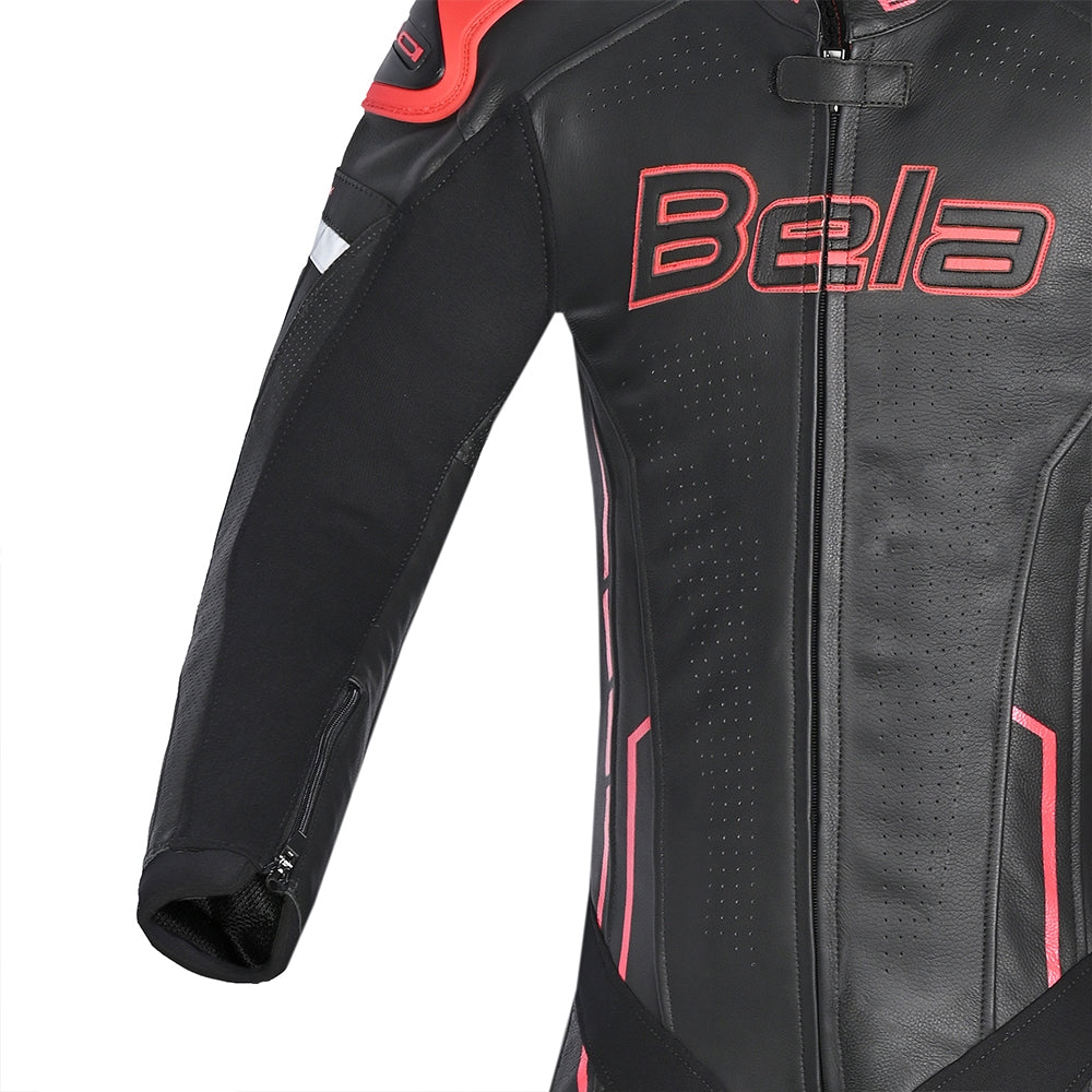 BELA ROCKET Mix Kangaroo 1 PC Moto Couro Fato Preto Vermelho - Imagem superior frontal direita do traje