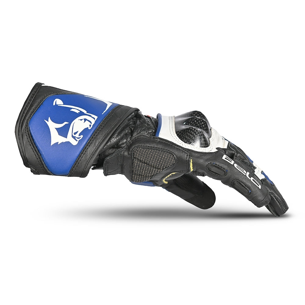 BELA ROCKET Moto Couro Longa Luvas Branco Azul Preto- Imagem do lado direito das luvas