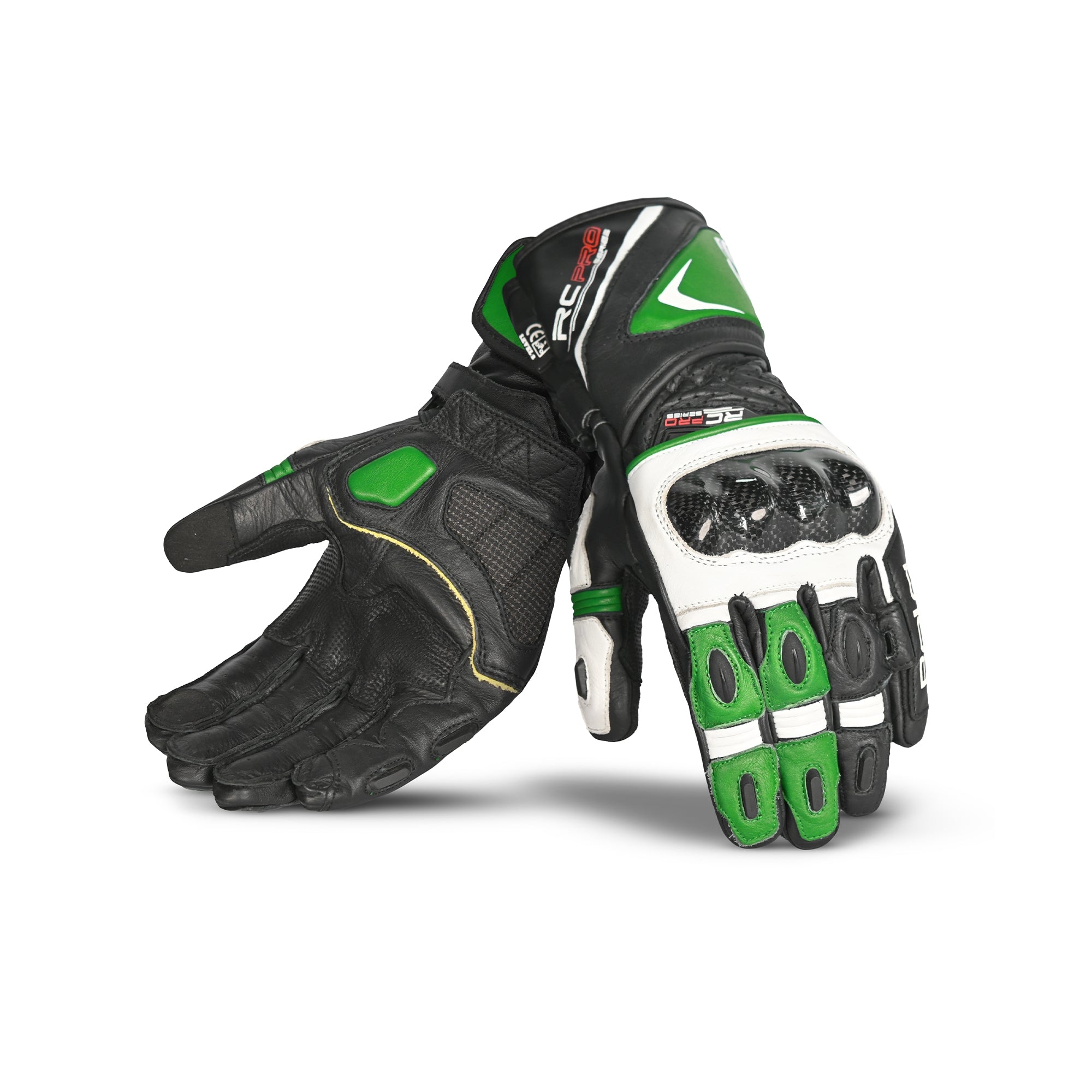 BELA ROCKET Moto Couro Longa Luvas Branco Verde Preto - Imagem dupla de luvas