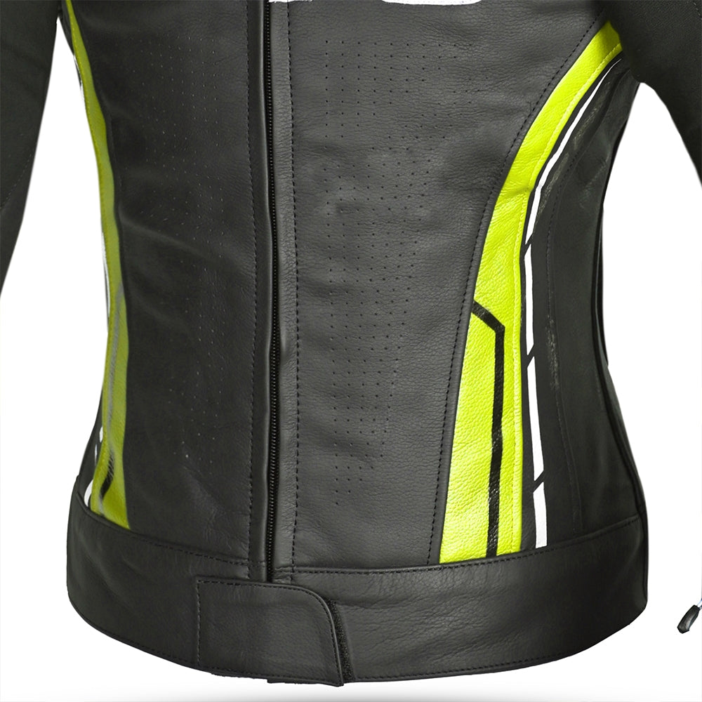 BELA Rocket Senhora Moto Couro Casacos Preto Amarelo Fluo - Imagem central frontal da Casacos