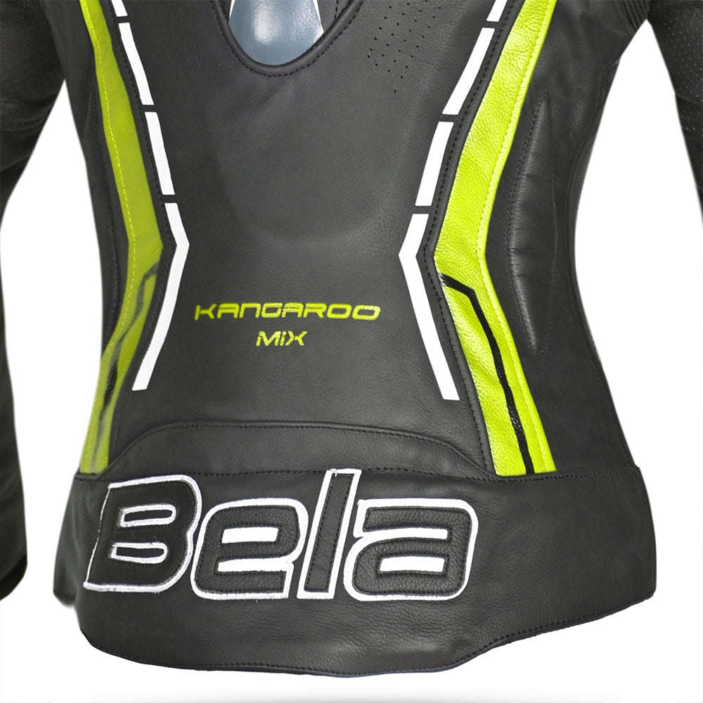 BELA Rocket Senhora Moto Couro Casacos Preto Amarelo Fluo - Imagem central traseira da Casacos