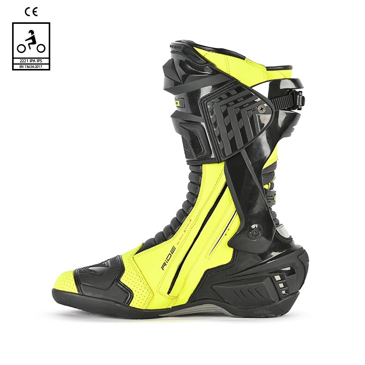 BELA SPEEDO 2.0 Moto Couro Botas Pretas Amarelo Fluorescente - Imagem do lado esquerdo de Boots