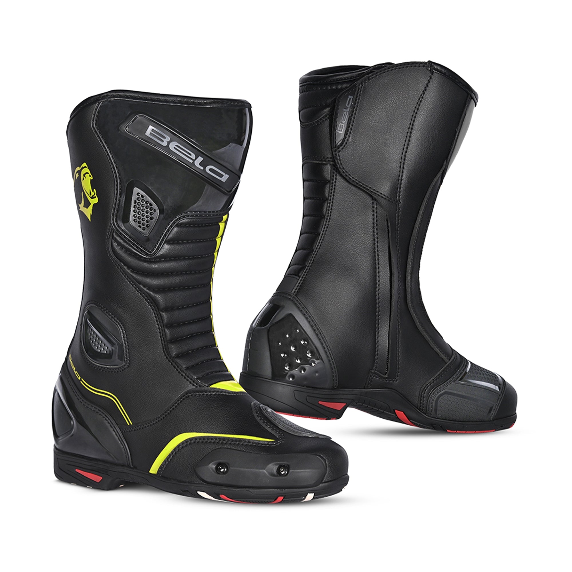 BELA STRIP Moto Couro Botas Preto Fluorescente Amarelo - Imagem dupla de botas