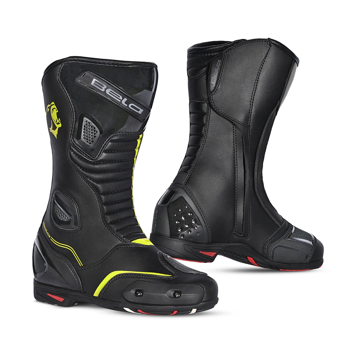 BELA STRIP Moto Couro Botas Preto Fluorescente Amarelo - Imagem dupla de botas