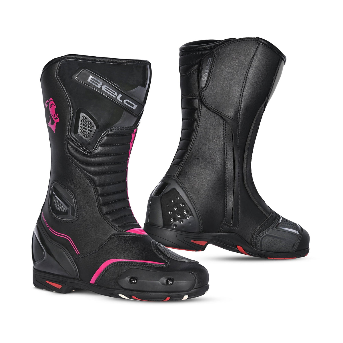 BELA STRIP Senhora Moto Couro Botas Preto Rosa Fluor - Imagem dupla de botas