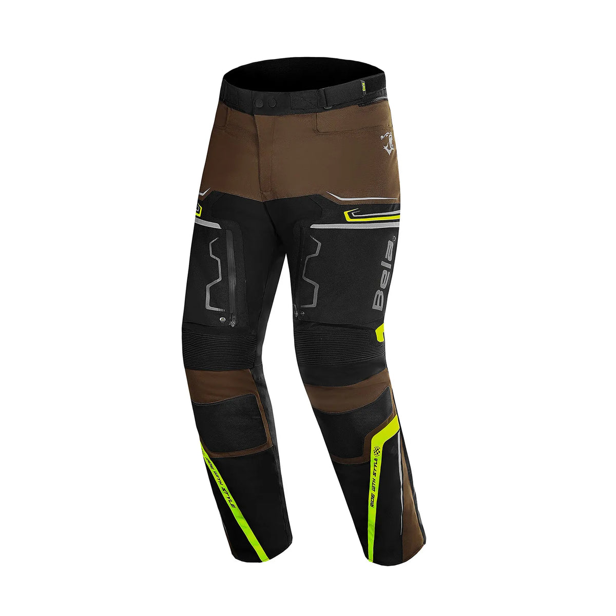 BELA WATSON CALCAS DE MOTO TEXTIL PRETO CASTANHO AMARELO BRANCO