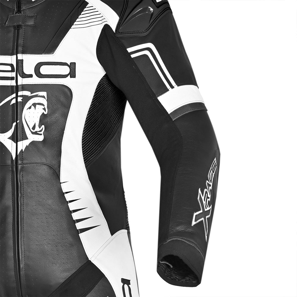 BELA X RACE 1 PC Moto Couro Fatos Preto Branco -Imagem superior frontal direita do traje