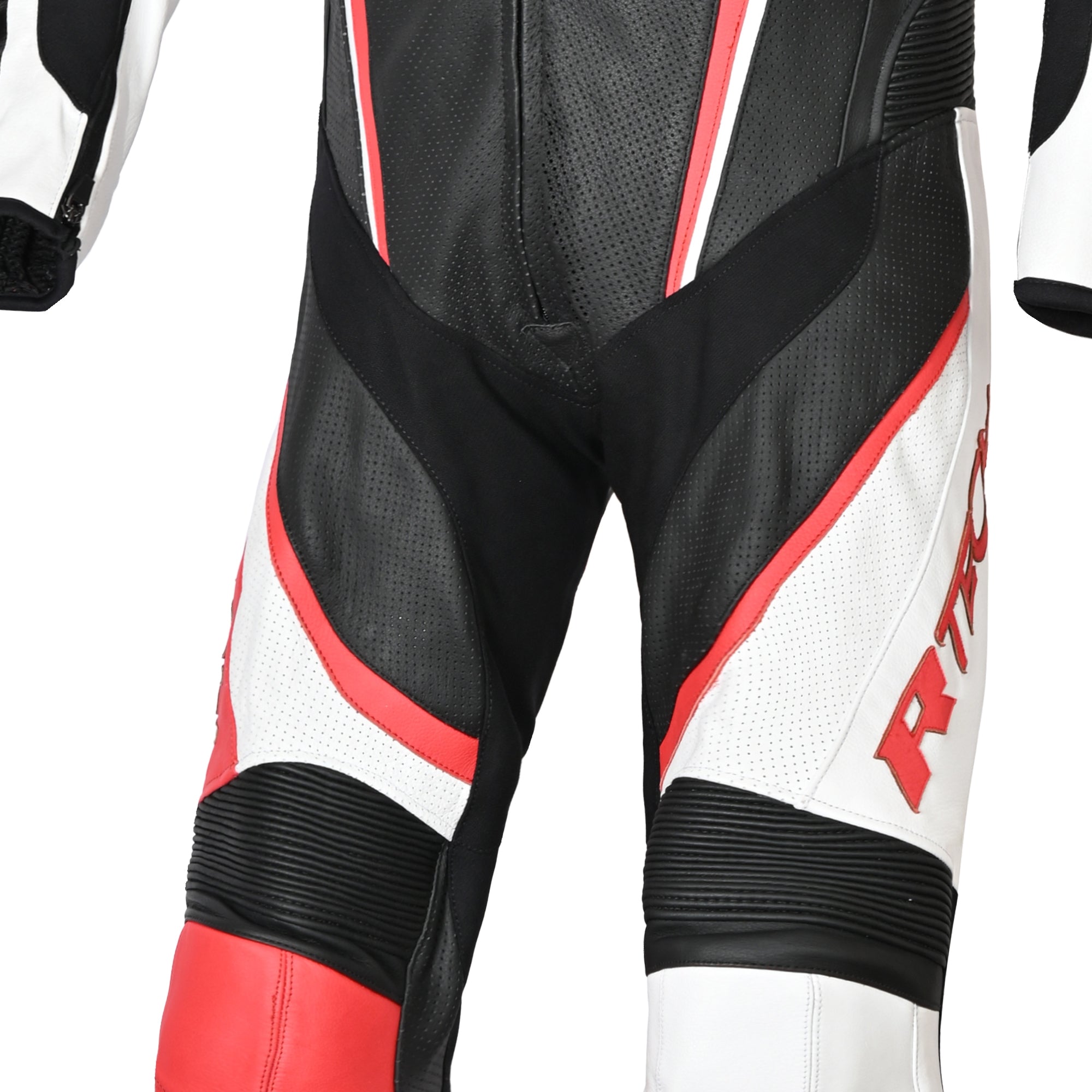 R-TECH HAWK 1 PC Moto Fatos Preto Branco Vermelho - Imagem central do traje de frente.