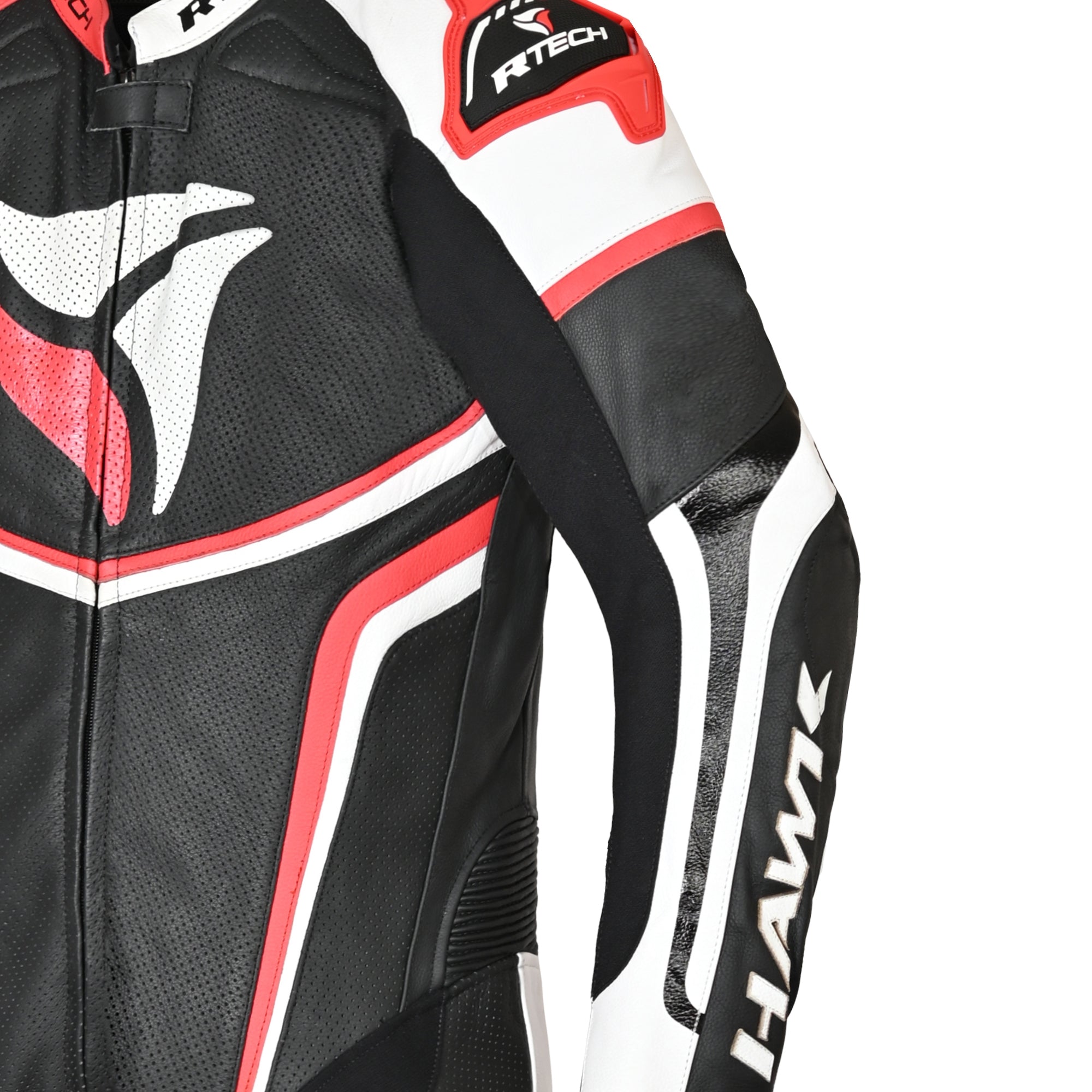 R-TECH HAWK 1 PC Moto Fatos Preto Branco Vermelho - Imagem superior frontal esquerda do traje
