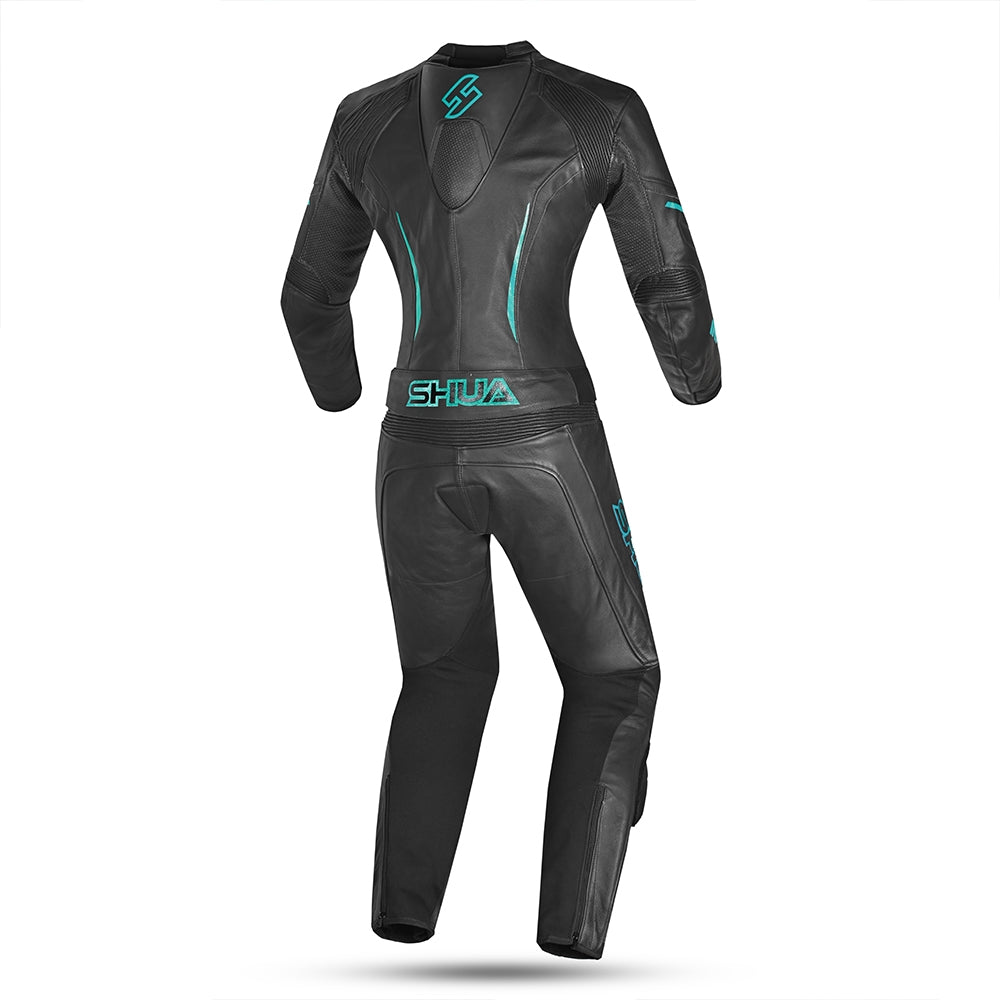 SHUA INFINITY 2 PC Moto Senhora Fatos Turquesa Preto - Imagem traseira do terno